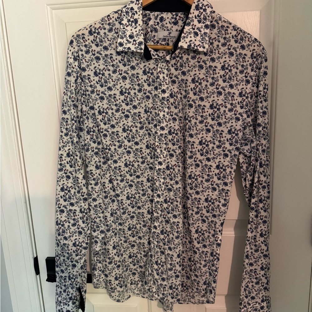 Men's White Dress Shirt with Navy Floral Print - Classic Fit